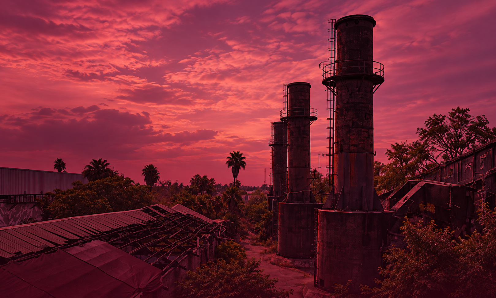 Patrimonio industrial con chimeneas históricas bajo atardecer tinto